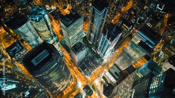 Fototapeta Aerial view of a vibrant modern cityscape featuring illuminated skyscrapers and busy roads at night showcasing urban life and architecture
