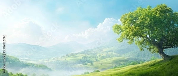 Fototapeta tree in foreground, blue sky, clouds in background