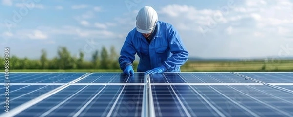 Fototapeta Solar panel production process in a cleanroom environment, with engineers inspecting quality, solar panel manufacturing, renewable energy production