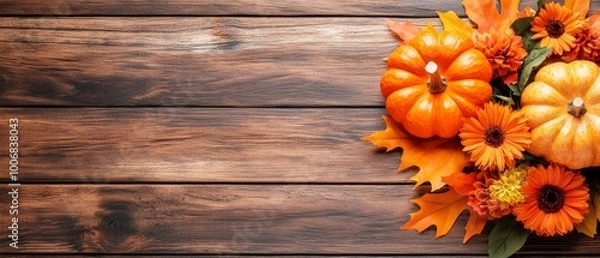 Fototapeta  A collection of pumpkins atop a wooden table, surrounded by orange flowers and leaves