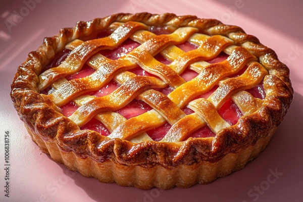 Fototapeta A pie with a lattice crust and golden brown edges, isolated on a pastel surface,