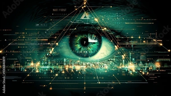 Fototapeta Cyberpunk Eye in Triangle with Matrix AI Design on Green and Black Background