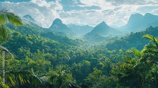 Obraz Tropical forest and mountains under blue sky