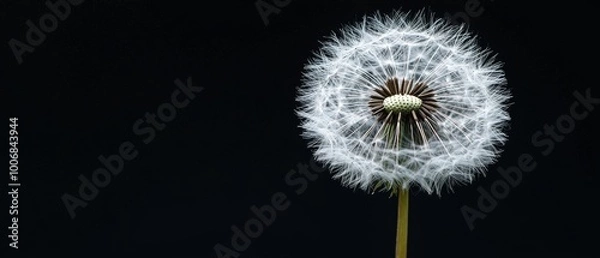 Fototapeta Close-up of a dandelion seed head ready to disperse its seeds against a dark background.