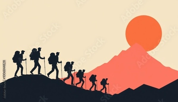 Fototapeta A leader walking at the front of a team of hikers, guiding them up a mountain trail toward a distant peak