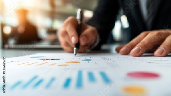 Fototapeta Business professional analyzing financial data on a document in an office setting. Focus on hand with pen and colorful graphs.