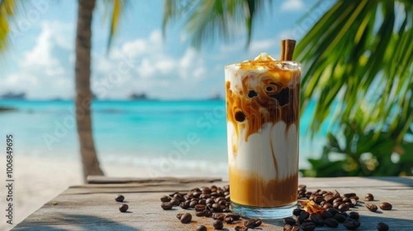 Obraz Refreshing iced coffee topped with cream and cinnamon served on a tropical beach during a sunny day.