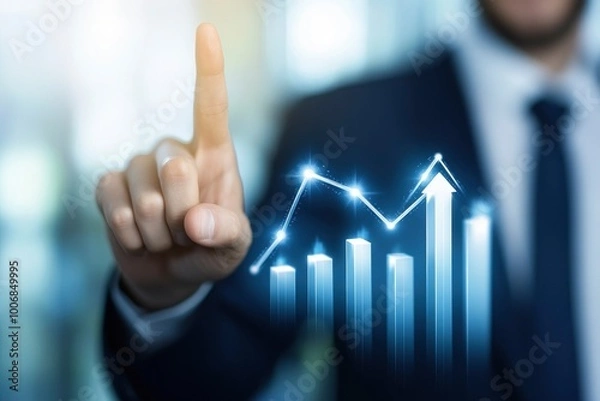 Fototapeta Businessman touching a growth arrow graph going upwards on digital screen, with rising arrows indicating growing market trends and stock costs