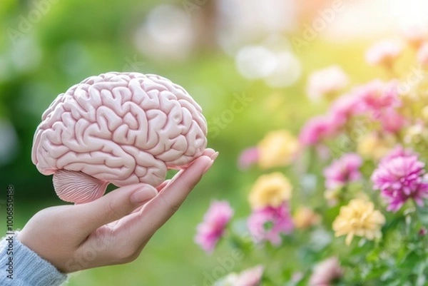Fototapeta Hand holding a brain model with flowers, nature background