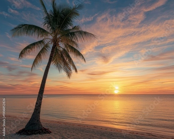 Obraz Tranquil Sunset Serenity Solitary Palm Tree on Beach at Dusk, Relaxing Tropical Escape