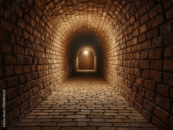 Fototapeta Mystical Stone Tunnel Enigmatic Archway with Vaulted Ceiling and Illuminated Path for History, Dark Fantasy, or Exploration Concepts