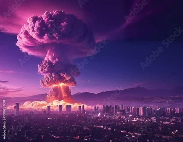 Obraz Nuclear explosion of an atom bomb with a mushroom cloud causing an apocalyptic Armageddon through the use of a weapon of mass destruction