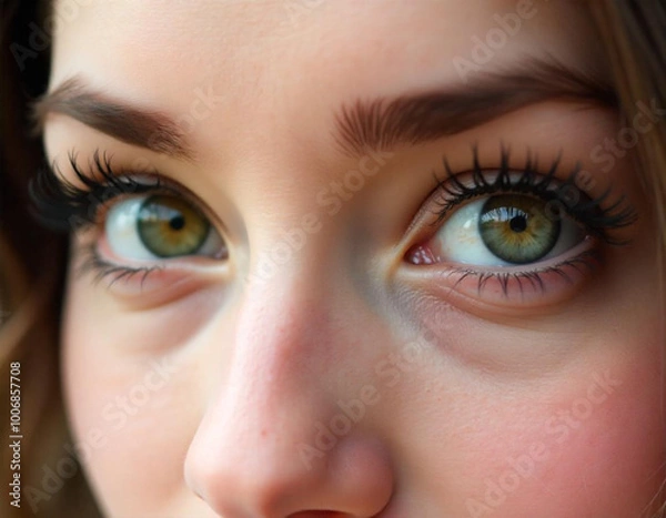 Fototapeta A close-up of a woman's eye with long eyelashes and a vibrant green iris