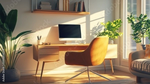 Fototapeta Modern home office in the living room, Convenient, comfortable, nice place to work, Remote work from home, Minimal interior decor design background. copy space for text.