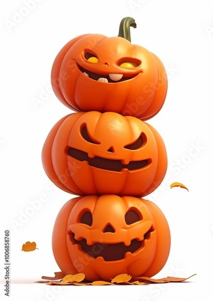 Fototapeta A stack of three bright orange carved pumpkins with cheerful expressions isolated on white, symbolizing Halloween celebration, fun, and autumn festivity in a playful and decorative arrangement