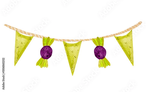Fototapeta Watercolor festive illustration, garland with bright flags and candies, isolated on a white background. Illustration for various products, Halloween decor, etc.