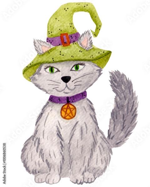 Fototapeta Watercolor illustration, cute cat with green hat isolated on white background. Fantasy character, witch familiar. For various Halloween products, cards, etc.