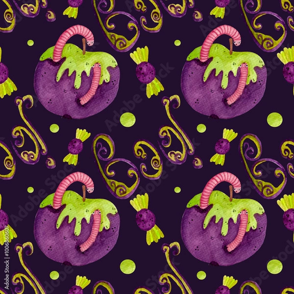 Fototapeta Watercolor Halloween pattern, bright apple with worms, text, candies on dark background. Seamless pattern for wrapping paper, various halloween products etc.