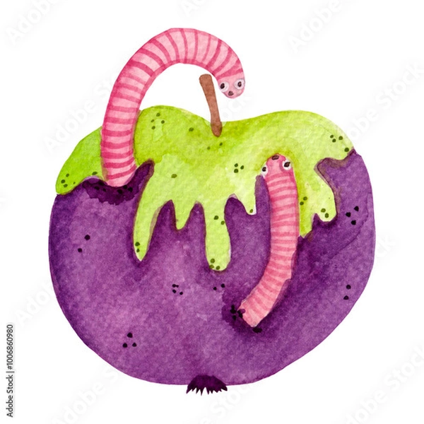 Fototapeta Watercolor bright illustration, spooky magic apple with worms isolated on white background. For various products, Halloween, cards, etc.