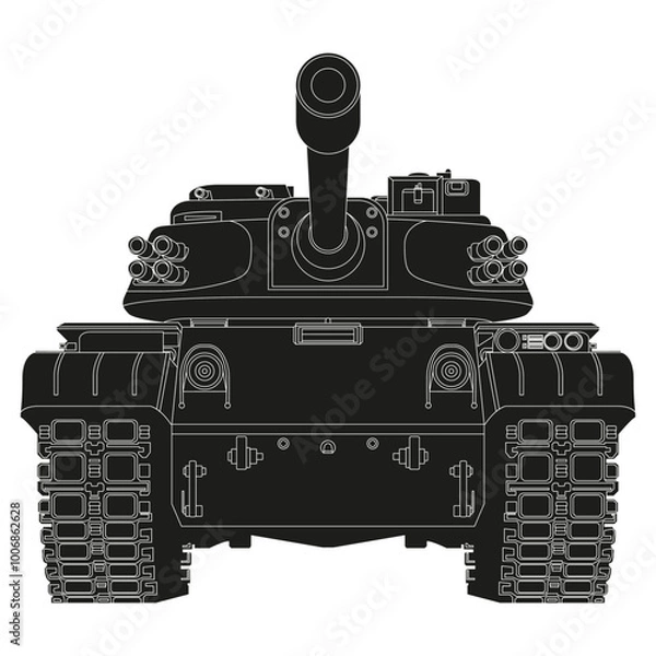 Fototapeta Main battle tank front view. Coloring Page. Ukraine army. War conflict. Realistic Military vehicle. Vector illustration isolated on white background.