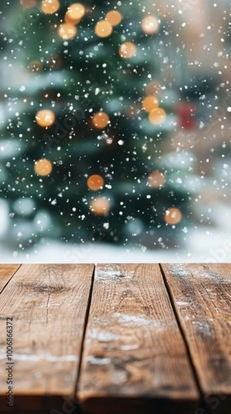 Fototapeta Festive Christmas scene with blurred tree and twinkling lights in background, wooden table in foreground, falling snow creating magical atmosphere.
