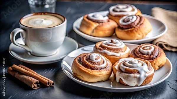 Fototapeta Coffee with cinnamon rolls on a cozy breakfast table.