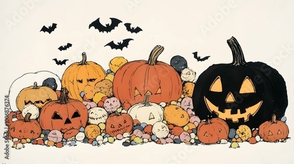 Obraz Colorful Halloween pumpkins with bats, featuring a playful spooky atmosphere.