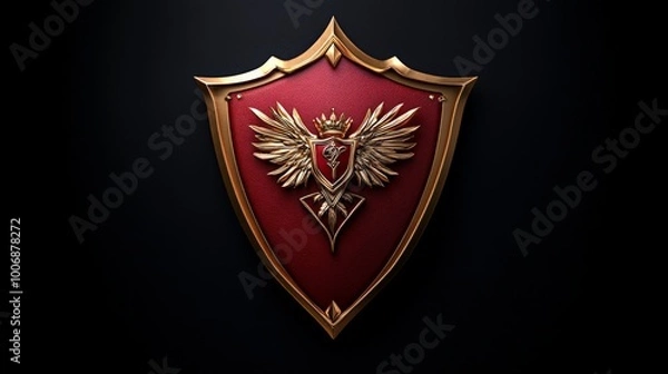 Fototapeta Royal Shield: A majestic, golden and red shield with a crown and wings, a symbol of power, protection, and royalty. The intricate details and bold design evoke a sense of history and grandeur.  