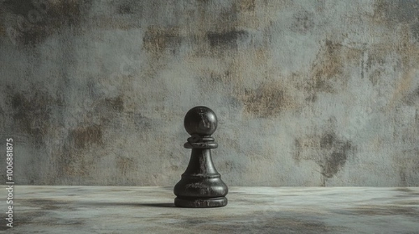 Fototapeta Single Black Chess Pawn Resting on Textured Gray Studio Background Under Soft Light
