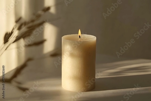 Fototapeta A candle is lit on a table with a bunch of dried grass