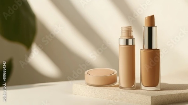 Fototapeta Close-up of assorted liquid foundation bottles and cream tubes, elegantly placed on a minimalistic surface, perfect for cosmetic ads. No logo or people in the image.