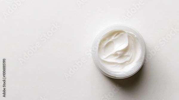Fototapeta Close-up top view of a moisturizer sample in a jar. Shiny, smooth cream texture without any branding or logo. Clean, simple white background.