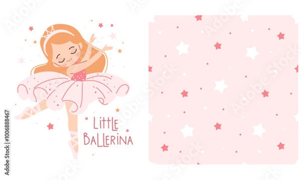 Fototapeta A set of vector prints for printing on children's products. Cute little girl ballerina dancing, little ballerina lettering, seamless vector pattern with stars on pink background . Vector illustration