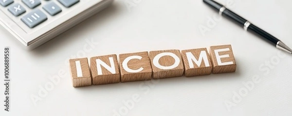 Fototapeta Wooden blocks spelling income with calculator and pen on white background.