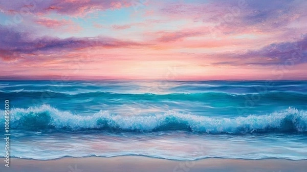 Fototapeta Beautiful ocean sunset with colorful sky and waves, tranquil nature scene. Relaxation and serenity concept