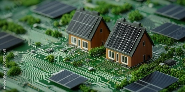 Fototapeta A miniature eco-friendly house model atop a green circuit board, symbolizing sustainable technology and smart home innovation.