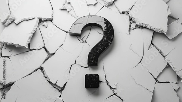 Obraz Bold black Question mark with a white cracked background. generated ai.