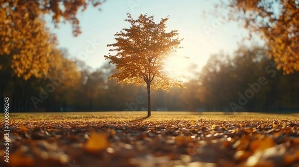 Fototapeta A golden-leafed tree rises in a sunlit clearing, bathed in warm light, framed by a carpet of fallen leaves and an autumn forest in soft focus
