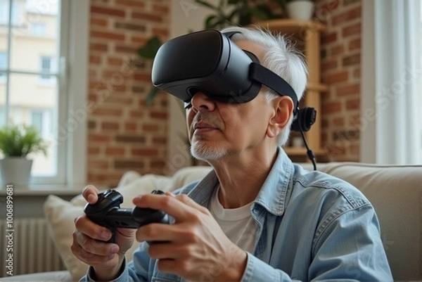 Obraz Elderly people play games by wearing VR glasses, which can stimulate brain activity and help prevent aging.