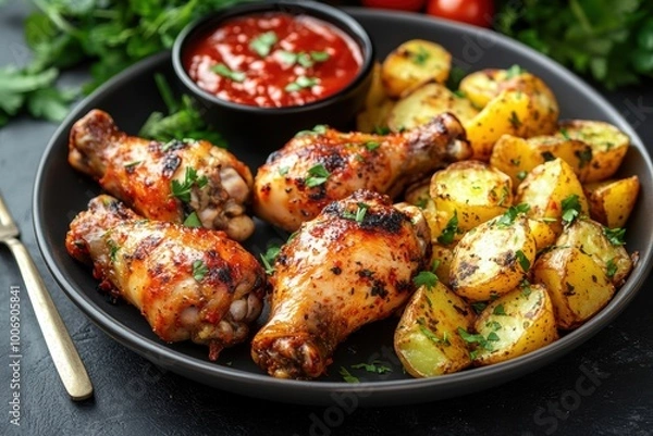 Fototapeta delicious homemade chicken drumsticks with crispy potatoes, ideal for a family dinner banner