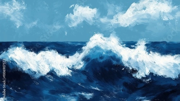 Fototapeta A beautiful depiction of ocean waves with white foam against a blue sky.