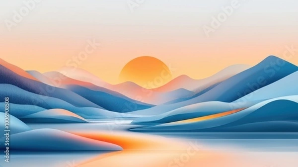 Fototapeta A serene abstract landscape featuring mountains and a sunset over a calm river.