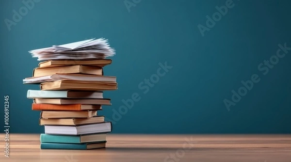Fototapeta Stack of Books and Papers on Wooden Desk Background