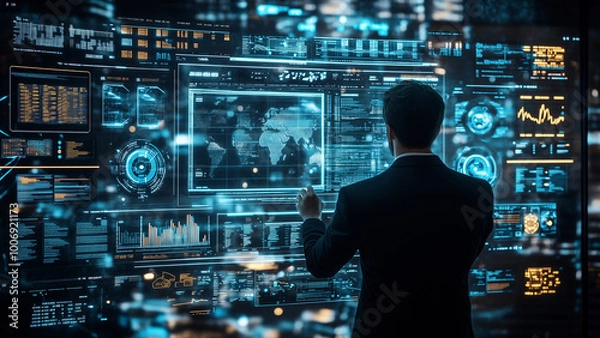 Fototapeta .Businessman using KPI dashboard.Financial business KPI System data analytics graph dashboard.Data System KPI and metrics connected in database for follow earnings,operations and sales data.