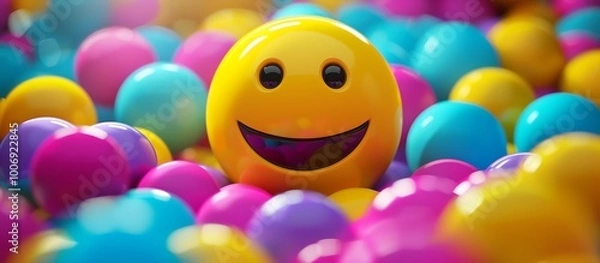 Fototapeta Hopeful emoji ball surrounded by hopeful colorful spheres, full frame