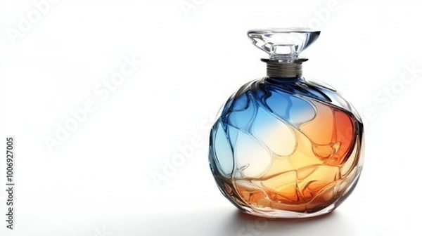 Fototapeta Elegant glass perfume bottle with colorful artistic design, featuring blue and orange hues, isolated on a white background.