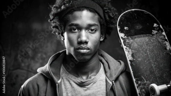 Fototapeta A young skater poses confidently with a skateboard in an urban setting during the late afternoon