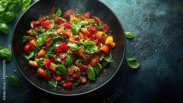Fototapeta Sauteed Peppers and Basil in a Wok