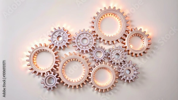 Fototapeta Illuminated Gears: Interlocking cogs glow with inner light, symbolizing seamless collaboration, innovation, and the intricate workings of a complex system.  