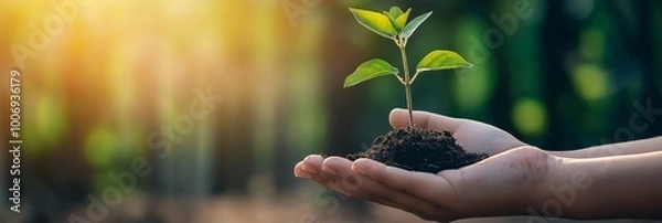 Fototapeta Hands tenderly cradle a small plant under bright sunlight, symbolizing growth, hope, and connection with the earth.